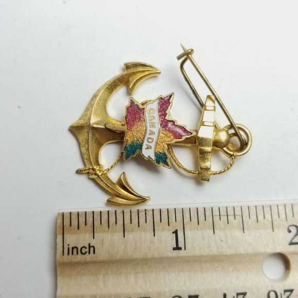 Vintage Canada Anchor and Mapel Leaf Pendant or Brooch, Gold Tone and Enamel - Picture 4 of 6